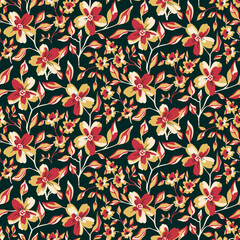 Seamless floral pattern, vintage flower print with decorative autumn garden. Elegant ditsy design for fabric, paper. Small hand drawn flowers twigs with leaves on dark background. Vector illustration.