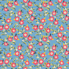 Seamless floral pattern, cute flower print with spring motif. Pretty ditsy fabric, paper design: small hand drawn flowers, leaves, tiny twigs on a blue background. Vector illustration.