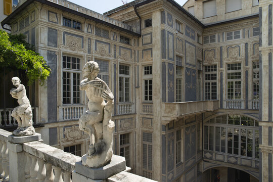 View of the rear exterior of a palazzo in traditional Italian style at Via Garibaldi; Genoa, Liguria, Italy