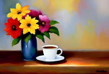 Coffee and Vase Full Of Flowers Impressionist Painting Soft Brush Strokes Copy Space Generative AI