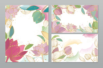 Set of vector cards with golden and pink flowers in line-art style on a gray background.