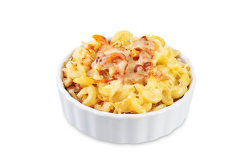 Chicken tomato sauce pasta casserole on a white isolated background