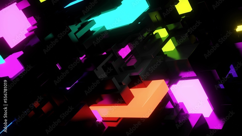 Poster 3d render. abstract dark background neon cubes light bulbs. visualisation of working ai big data or 