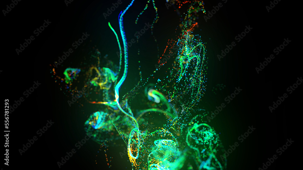 Poster 3d render. injection of fluorescent ink in water isolated on black background. of glow particles or 