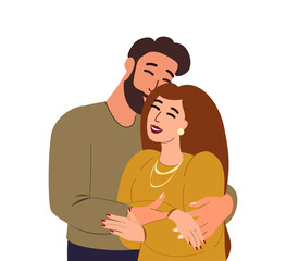 Happy Young Romantic Couple together.Wife,Husband hug each other.Supporting,Warm,loving relationships.Family people trust,help to each other.True Love.Smiling Woman and Man.Flat vector illustration