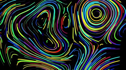 Fototapeta na wymiar Abstract creative bg with curled lines like trails of different colors. Lines form swirling pattern like curle noise. Abstract 3d bright creative festive background. 3d render