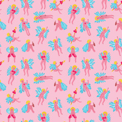 Valentine funny angels seamless pattern. illustration in doodle style