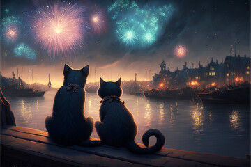 A cat couple watching fireworks together on the New Year´s Eve