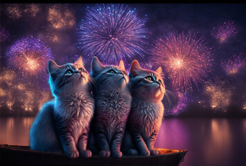 Three kittens watching fireworks together on the New Year´s Eve