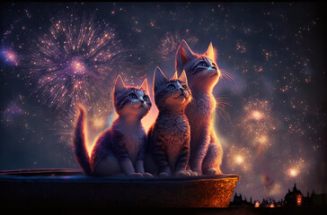 Three kittens watching fireworks together on the New Year´s Eve