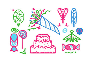 A set of objects, a colored freehand drawing, for the design of a birthday, a children's holiday, a postcard