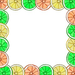 Watercolor square citrus frame of a yellow lemon, a green lime and an orange slices on a transparent background. It can be used in postcards, invitations, backdrops, wallpapers and more. High quality.