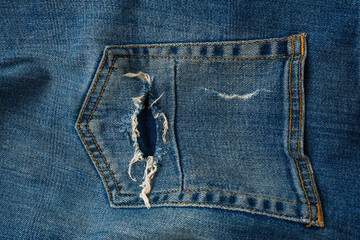 jeans pocket in blue denim with distressed tear