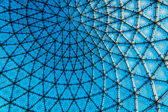 Interior view of the magnificent glass dome ceiling of the visitor center, one of the areas for lining-up (queuing) to visit the Grand Mosque; Abu Dhabi, United Arab Emirates