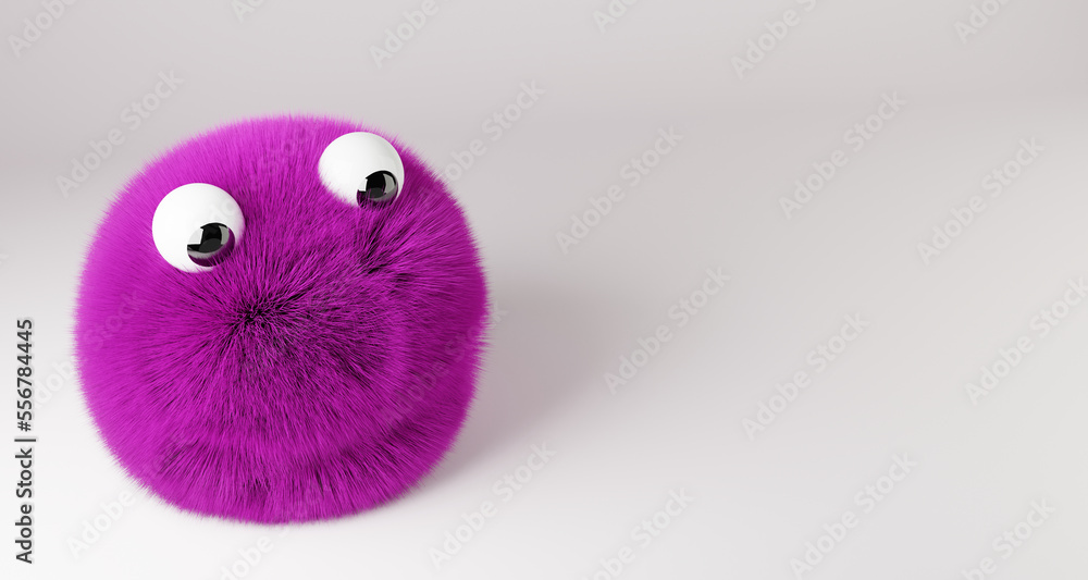 Wall mural 3d render of Violet fuzzy creature on white.