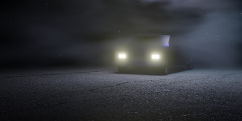 3d render of car with headlights on in a spooky, foggy paved environment.