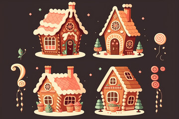Gingerbread houses collection. Christmas illustration, flat style