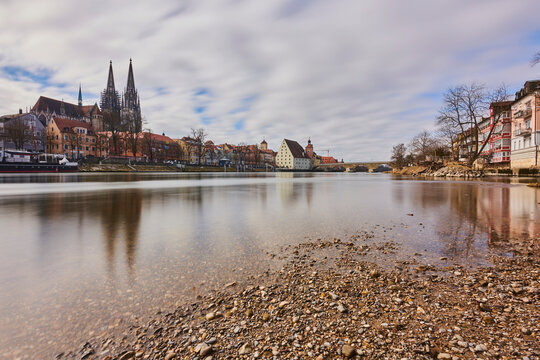 Steamer Ruthof Ersekcsanad on Danube, Cathedral and Stone Bridge at Marc Aurel, Regensburg, Germany