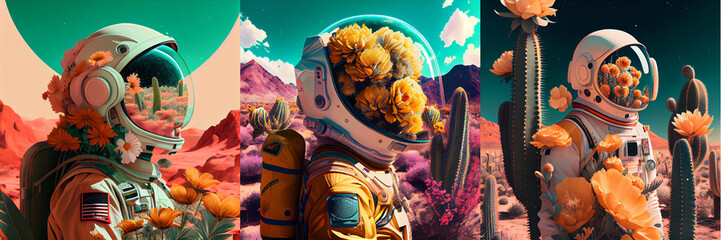 Surreal illustration of spaceman with flowers - obrazy, fototapety, plakaty