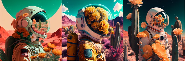 Foto op Canvas Surreal illustration of spaceman with flowers © Firgapolis