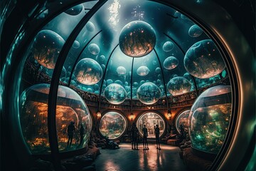 Alien museum alien artifacts, on virtual reality, to explore simulated alien worlds, and meet some friendly extraterrestrial beings in person. - obrazy, fototapety, plakaty