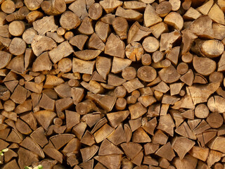 Full frame of the sections of a bunch of cut wood stacked ready to burn, Roccaraso, Abruzzo, Italy
