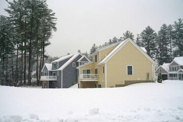 Winter houses in snow storm 