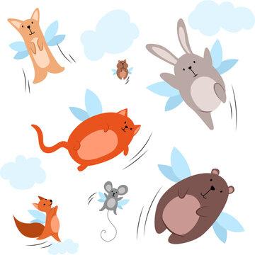Vector funny cute flying animals. A bear, a hare, a hamster and other animals with wings soar among the clouds.