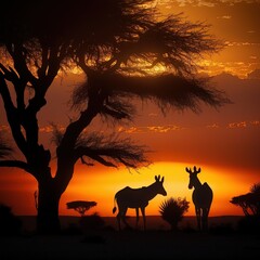 Sunset in the Safari with trees and animals. Generative AI.