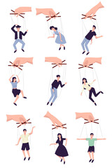 Obraz premium Set of people hang on ropes. Puppeteer and puppets. Characters being controlled by master, domination or authority Linear flat vector illustration