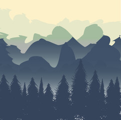 Vector morning in misty mountains