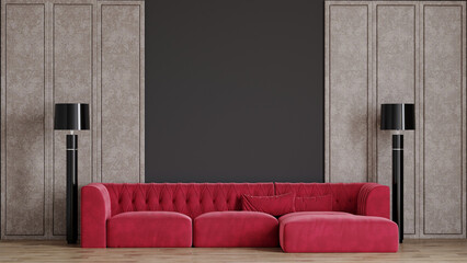 Viva magenta 2023 year room background. Modern interior design with accent luxury couch furniture. Wall dark mockup. Raspberry tone deep rich sofa. Minimal interior design living lounge. 3d render