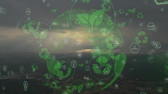 Green forest aerial view and environmental technology concept. Green tech. Ecology. Green transformation. GX. SDGs. High quality 4k footage