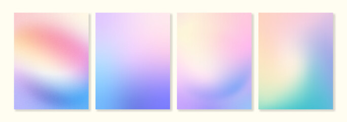 Set of 4 colorful grainy gradients backgrounds. For covers, wallpapers, branding and other projects. You can use a grainy texture for each of the gradients. Vector, can be used for printing.