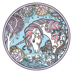 Winter unicorn round color vector isolated illustration
