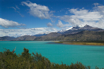 View across Lago General Carrera to mountains and glaciers of the Campo de Hielo Norte, near Puerto Rio Tranquilo along Carretera Austral in Chile; Patagonia, Chile