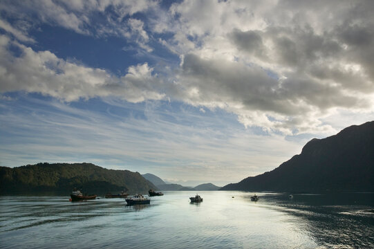 Harbour scene at Hornopiren, an inlet off the  Gulf of Ancud, Patagonia, Chile; Hornopiren, Patagonia, Chile