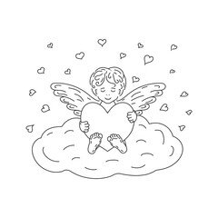 Coloring page with angel, cupid for valentine's day. Angel with heart on cloud. Vector illustration.