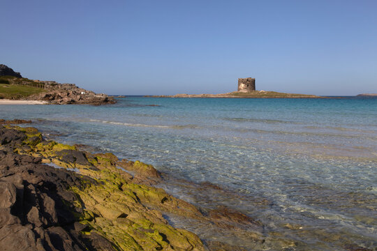 A view at Pelosa Beach, on the northern tip of Sardinia, Italy.; Pelosa Beach, Stintino, Sardinia, Italy.