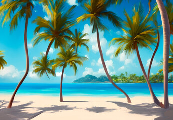 Naklejka na ściany i meble dazzling ocean front view, sea beach. White sand, blue ocean and palm trees