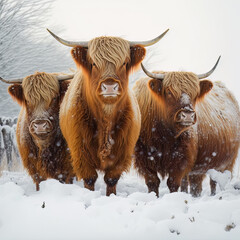 Highland cattle in the snow - Created with generative AI technology - obrazy, fototapety, plakaty