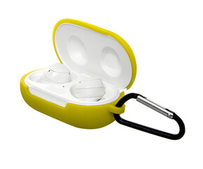 wireless headphones in a silicone case with a carabiner