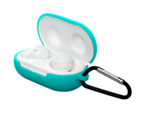 wireless headphones in a silicone case with a carabiner