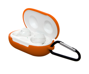 wireless headphones in a silicone case with a carabiner