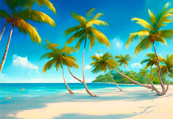 Fototapeta na wymiar dazzling ocean front view, sea beach. White sand, blue ocean and palm trees
