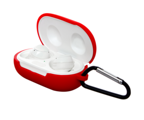 wireless headphones in a silicone case with a carabiner
