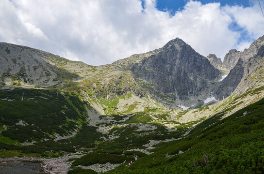 Skalnate pleso at the lowest corrie of the Rocky Valley and peak of Lomnicky Stit at the National park High Tatras, Slovakia