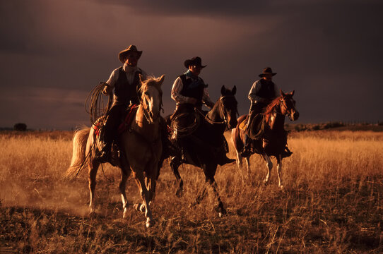 Three cowboys roping on horseback with ominous storm clouds overhead; Seneca, Oregon, United States of America