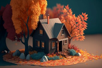 autumn landscape, house and trees 3D illustration.