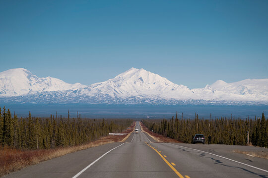 Snow covered Mt Drum above the Glenn Highway, Alaska, USA